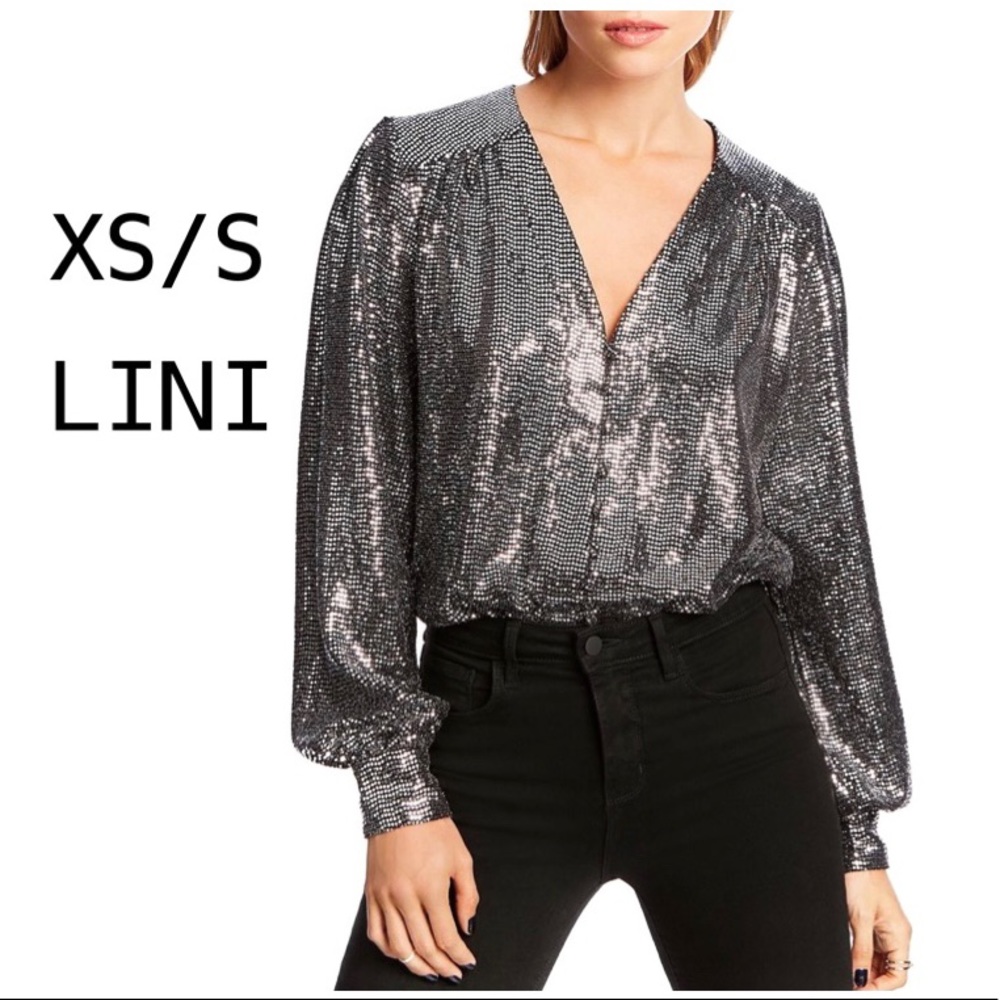 NWT (XS/S) Piper bodysuit V neck long sleeves silver bling rhinestone top blouse